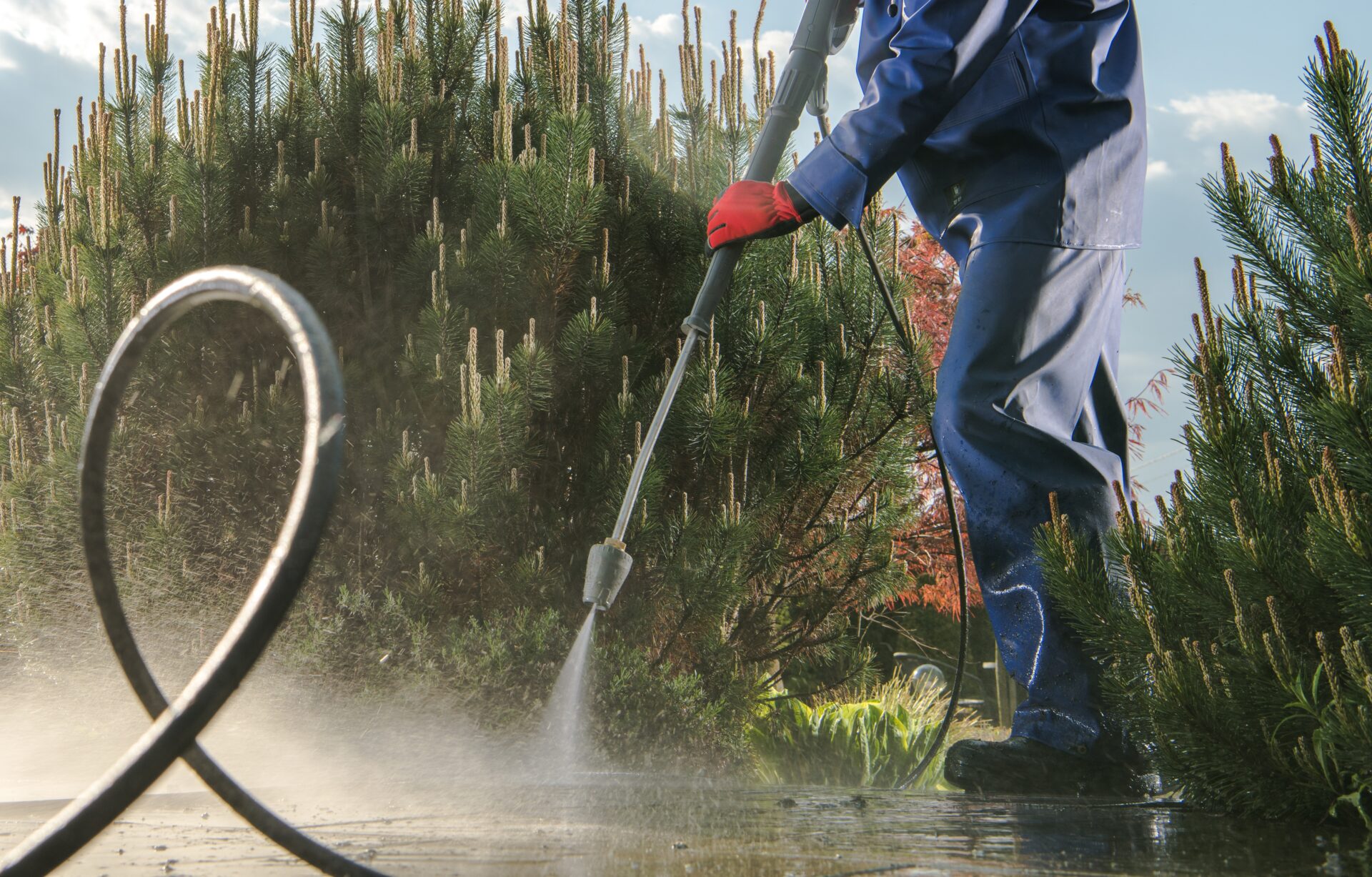 Garden Paths Power Washing Using Pressure Washer. Backyard Maintenance.