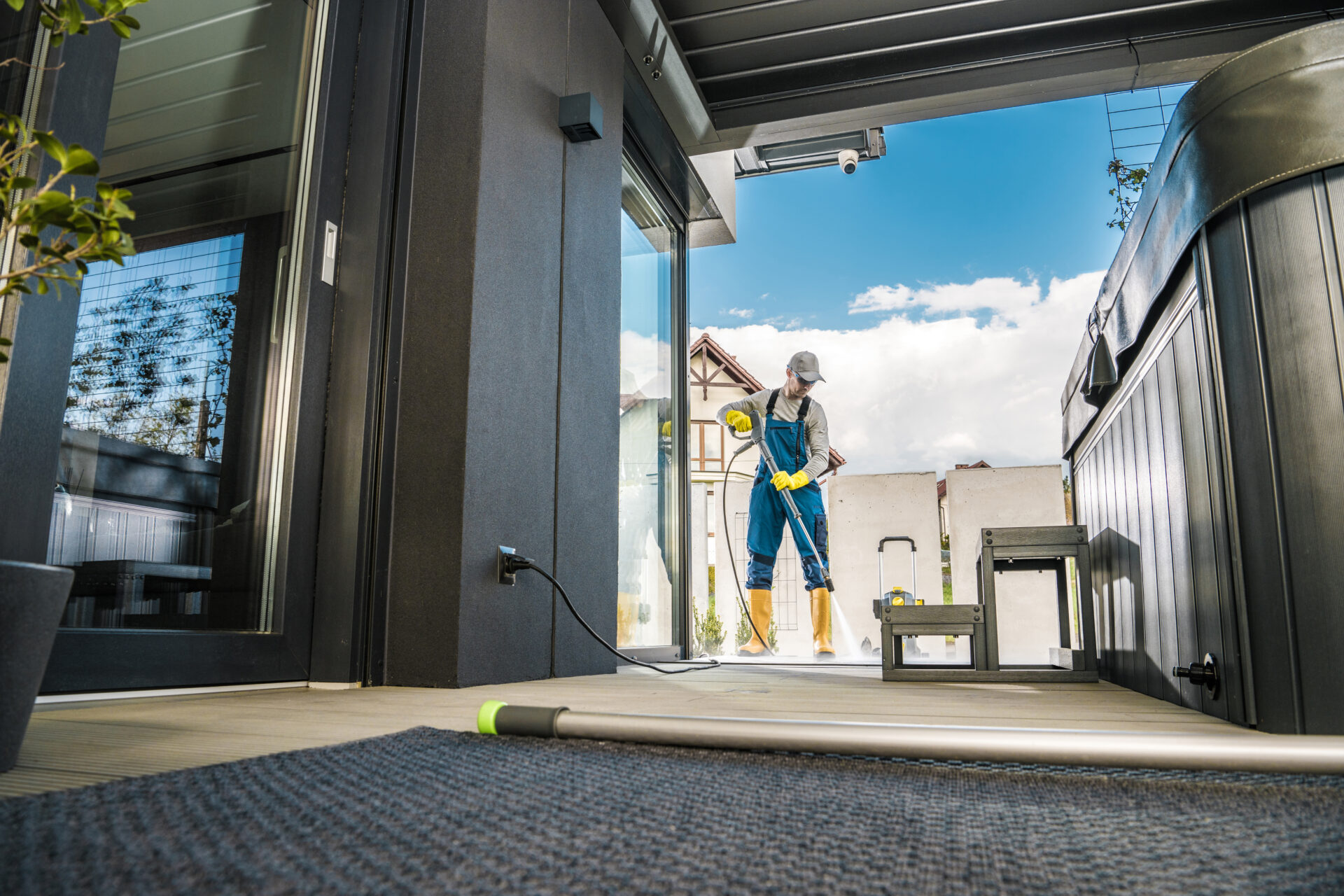 Caucasian Man in His 40s Cleaning Up the Outdoor Terrace of His House Using Pressure Washer. Preparations Before the Start of Summer Season. Home and Yard Maintenance Theme.