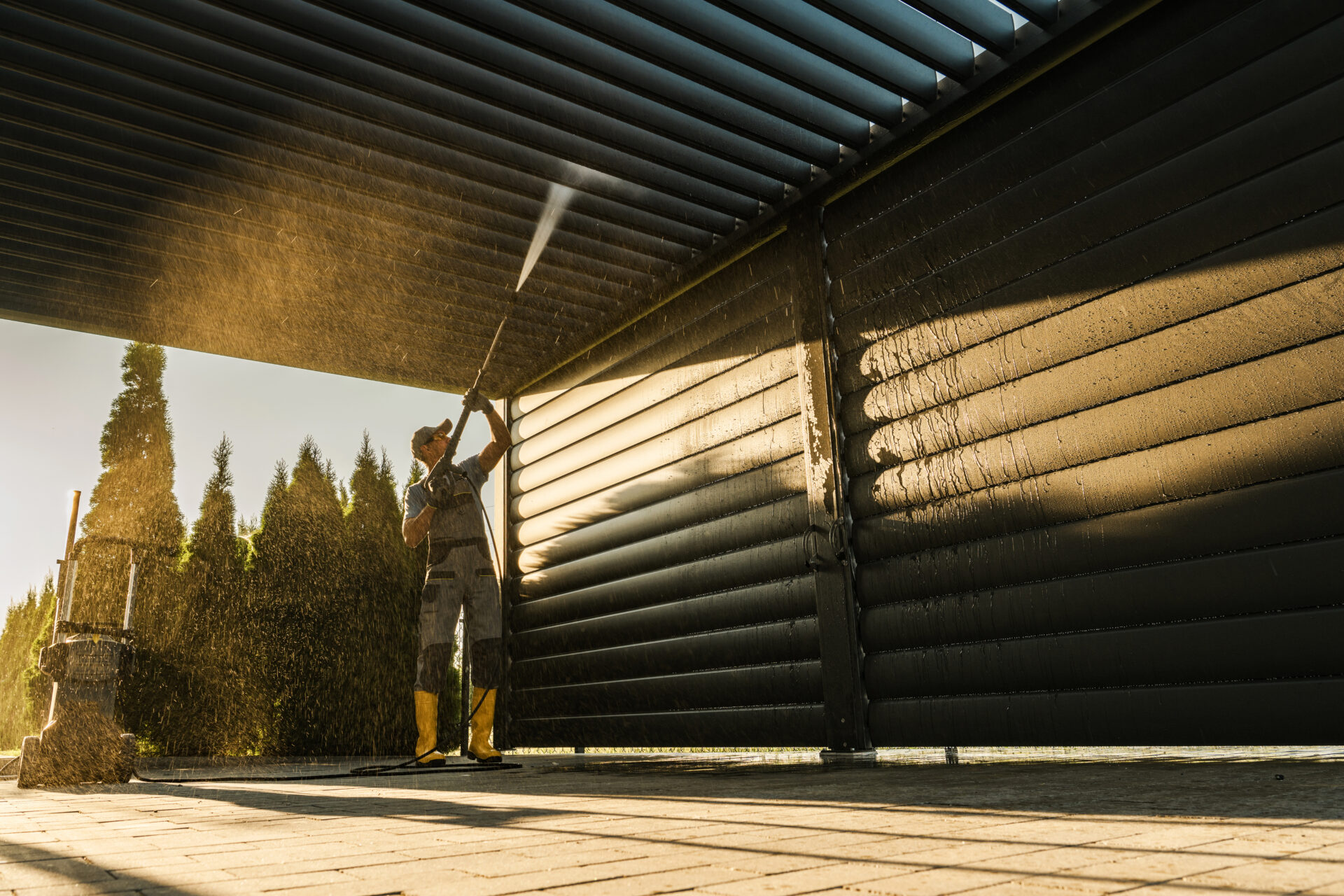 Men with Pressure Washer Cleaning His Residential Aluminium Carport Pergola. Spring Time Small Architecture Washing Maintenance.